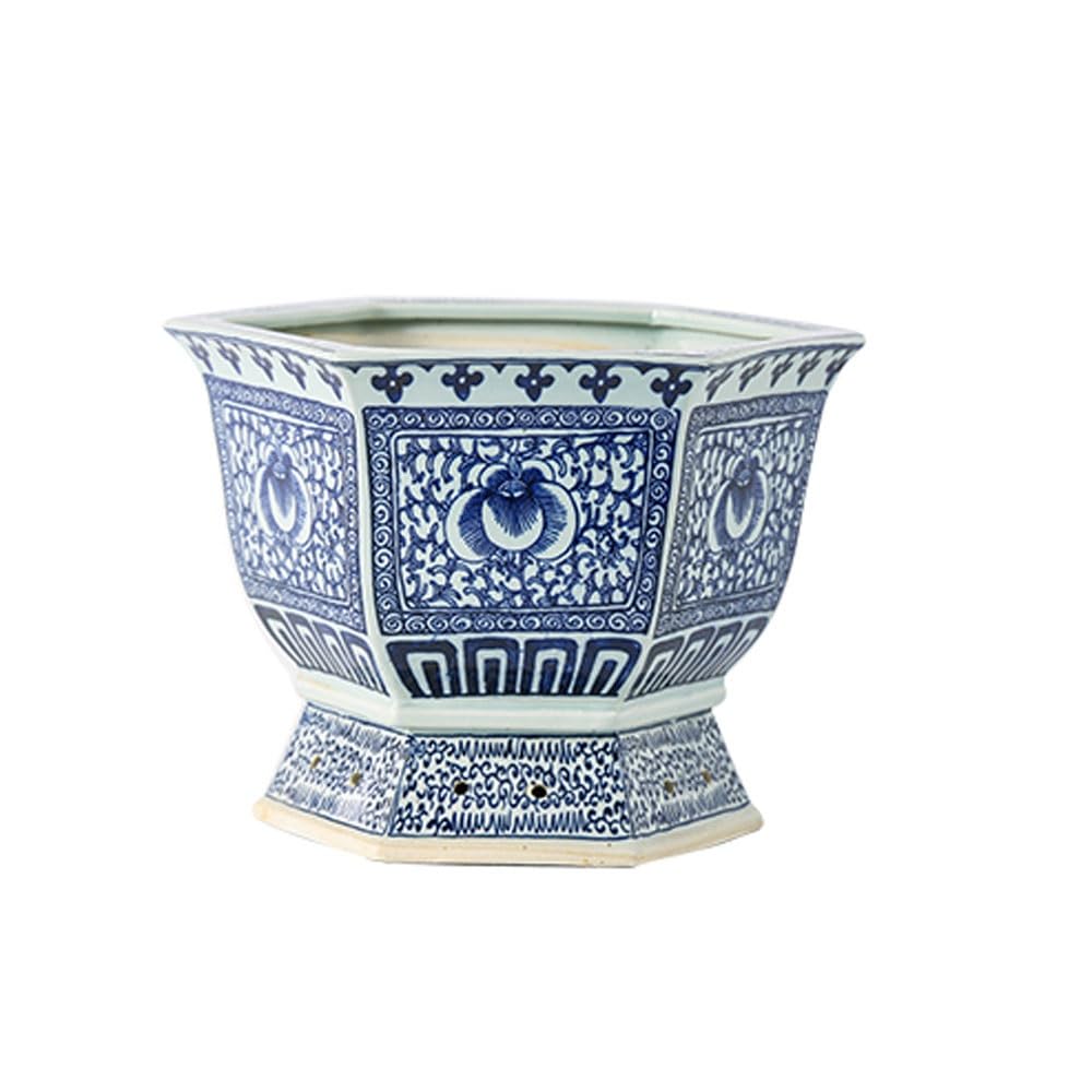 Niebiesko-biała porcelanowa doniczka, duża sześciokątna chińska ceramiczna doniczka, ręcznie malowana z tradycyjnym wzorem kwiatowym, doniczki do użytku wewnątrz i na zewnątrz (22,5 cm)