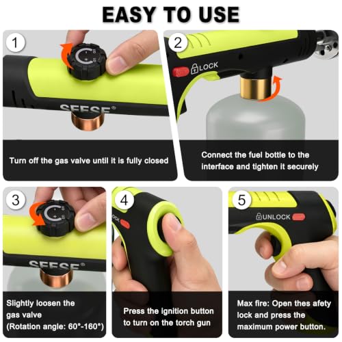 Image of SEESE Powerful Propane Torch Gun,Kitchen Cooking Torch With One-Touch Max Fire, Charcoal Lighter with a Safety Lock, Adjustable Blow Torch for Sous Vide, BBQ, Campfire, Fireplace(Tank Not Included)