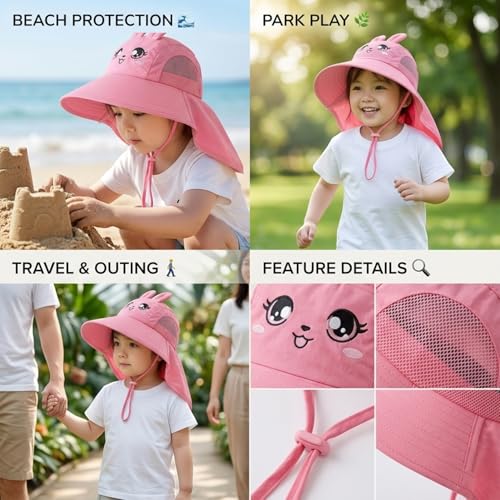Image of SYGA Children's Cute Pink Bunny Sun Hat UPF 50+ Wide Brim UV Protection Bucket Hat, Lightweight Breathable Summer Beach Fishing Hat for 3-10 Years Boys & Girls