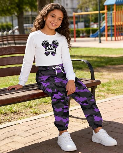 Image of Betusline Girls Fall Winter Clothing Sets, Long Sleeve Crop Top & Cargo Jogger Pants 2 Piece Outfit Sets,4T-14Y