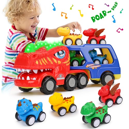 Image of Toddler Car Toys for 1 2 3 4 Year Old Boy Birthday Gifts 5-in-1 Dinosaur Transport Trucks for Toddlers 1-3 with Dino Sounds & Lights Dinosaur Toys for Kids Boys Girls 2-4 3-5 Christmas Birthday Gifts