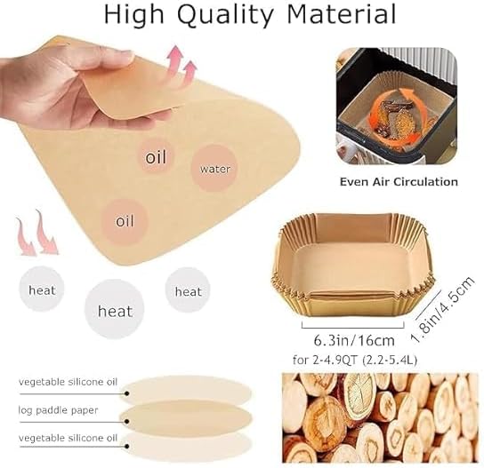 Square Air Fryer Paper Liners 6.3 Inch 100PCS Non Stick Disposable Parchment Paper for Air Fryer Baking Roasting Microwave Cooking