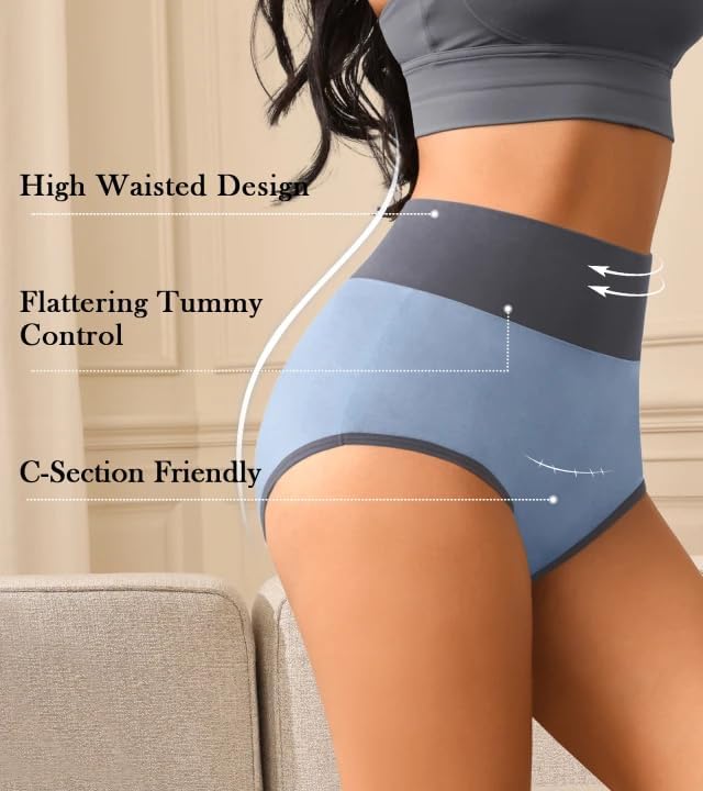 K-CHEONY Womens Cotton Underwear High Waisted Panties Full Coverage Soft Stretch Breathable Ladies Briefs 5 Pack - Image 3