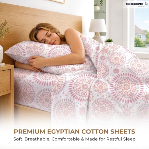 Image of SGI bedding 100% Egyptian Cotton Sheets Full XL Size - 600 Thread Count Sheets Set, Soft, Cooling, 15 inch Deep Pocket, Luxury Hotel Bedding, Breathable, Durable - Boho Mandala