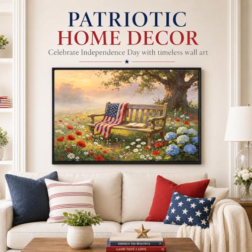 Image of American Flag Framed Canvas Wall Art, 4th of July Floral Canvas Prints, Wildflower Landscape Patriotic Decorations, Vintage Rustic Independence Day Wall Decor for Bedroom Living Room Office 11x14