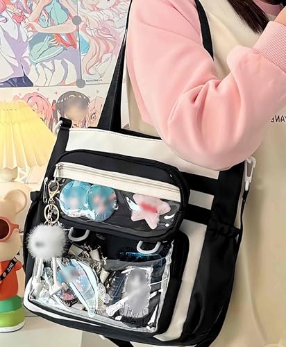 Bolso tote kawaii estilo itabag negro con múltiples bolsillos miniatura 3