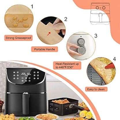 YQL 100 Stück Backpapier für heißluftfritteuse 3,5L-6L, Quadrat Backpapier Airfryer 16,5cm für Ninja AF140EU/SL300EU, Phillips, Tefal Easy Fry, COSORI XXL, MEDION XL, Russell Hobbs Heißluftfritteuse – Bild 6