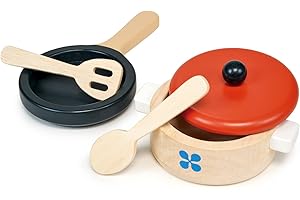Mentari Toys Toddler's Kitchenware Set: 5-Piece Wooden Pot and Pan Set with Accessories