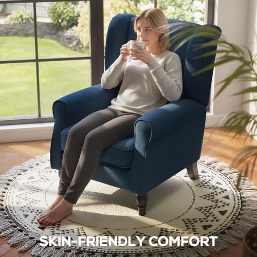 HOMCOM Retro Accent Chair, Snow Flannel Wingback Armchair with Wood Frame Button Tufted Design for Living Room Bedroom, Blue - Image 5