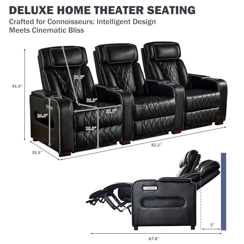Image of GUEAPY Power Reclining Sofa Home Theater Seating with Adjustable Headrest, Breathable Leather Electric Recliner with LED Lighting, Cup Holders, USB Charging & Tray Table