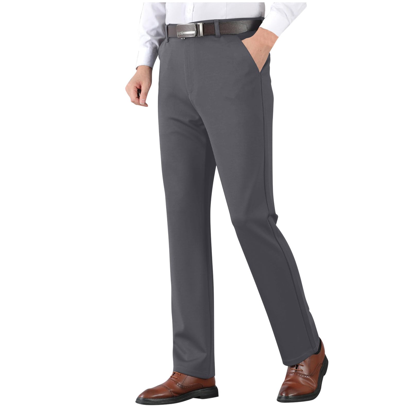 Mens Slim Fit Dress Pants Casual Business Formal Straight Leg Work Suit Pant Expandable Waist Flat Front Trouser