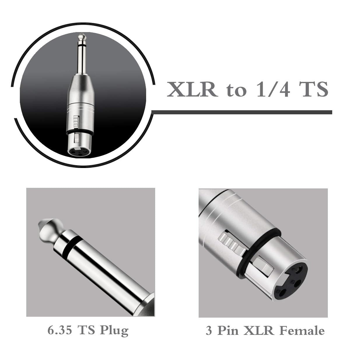Adattatore da jack Mono TS da 6,35 mm a XLR Femmina Adattatore da 6,35mm a XLR Femmina, Confezione da 2