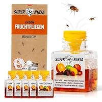 Super Ninja Fruchtfliegenfalle für Innenbereich – 6er-Pack, Wirksame Obstfliegenfalle für Haushalt und Küche, bis zu 3 Wochen Leistung pro Flasche, Kinder-und haustierfreundlich