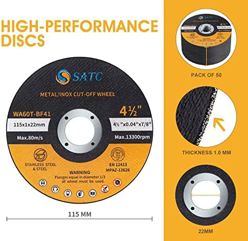 SATC 115mm Cutting Discs 50-Peice Durable Angle Grinder Discs Ultra Thin 1mm for Fast & Precise Cutting of Steel, Iron, Aluminum, & Ferrous Metals