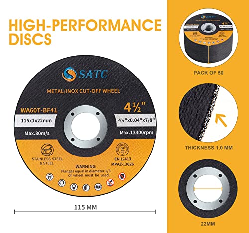 SATC 115mm Cutting Discs 50-Peice Durable Angle Grinder Discs Ultra Thin 1mm for Fast & Precise Cutting of Steel, Iron, Aluminum, & Ferrous Metals