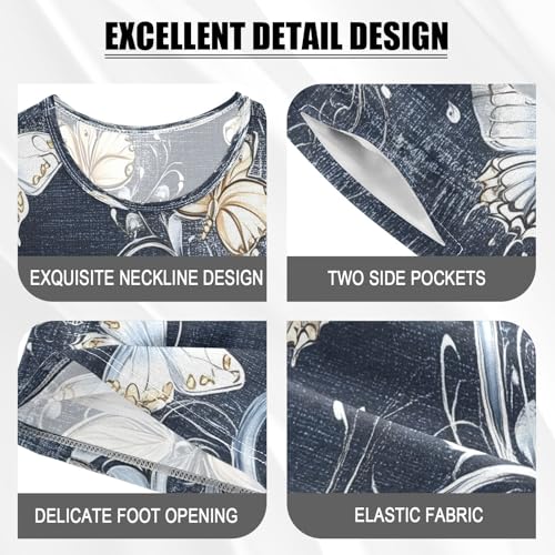 Short Sleeve Pajamas Sets Summer Cotton Sleepwear Denim Background Ornate Floral4