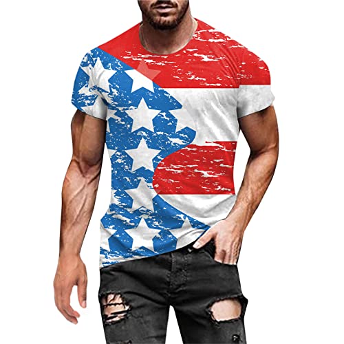 Camiseta Estampada de Color en Contraste, Tops de Manga Corta con patrón de Estrella Puntas, Camiseta de Verano con Cuello Redondo para Hombre, 170g (Red, L)