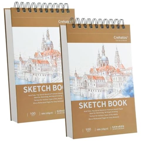 Crehatos 5.5" x 8.5" Sketch Book, Top Spiral Bound Sketch Pad, 100 Sheets Each 68lb/100gsm Drawing Paper, 2 Pack Cover