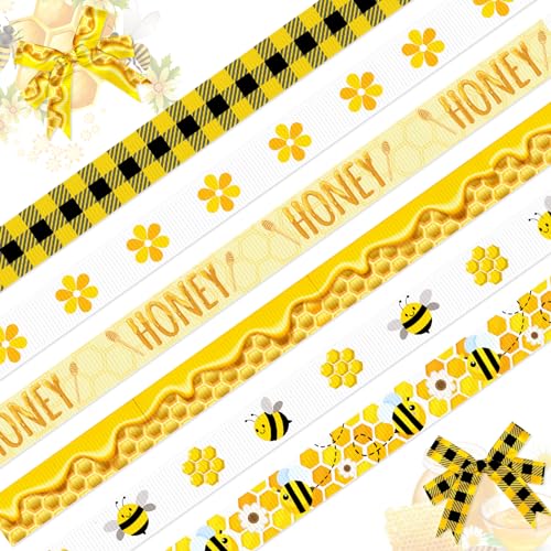 ABTOLS 6 Rolls 30 Yards Bumble Bee Ribbons Flower Ribbons Honey Decorative Grosgrain Ribbons Black Yellow Buffalo Plaid 3/8 Ribbons for Spring Gift Wrapping Crafts Bee Holiday Party