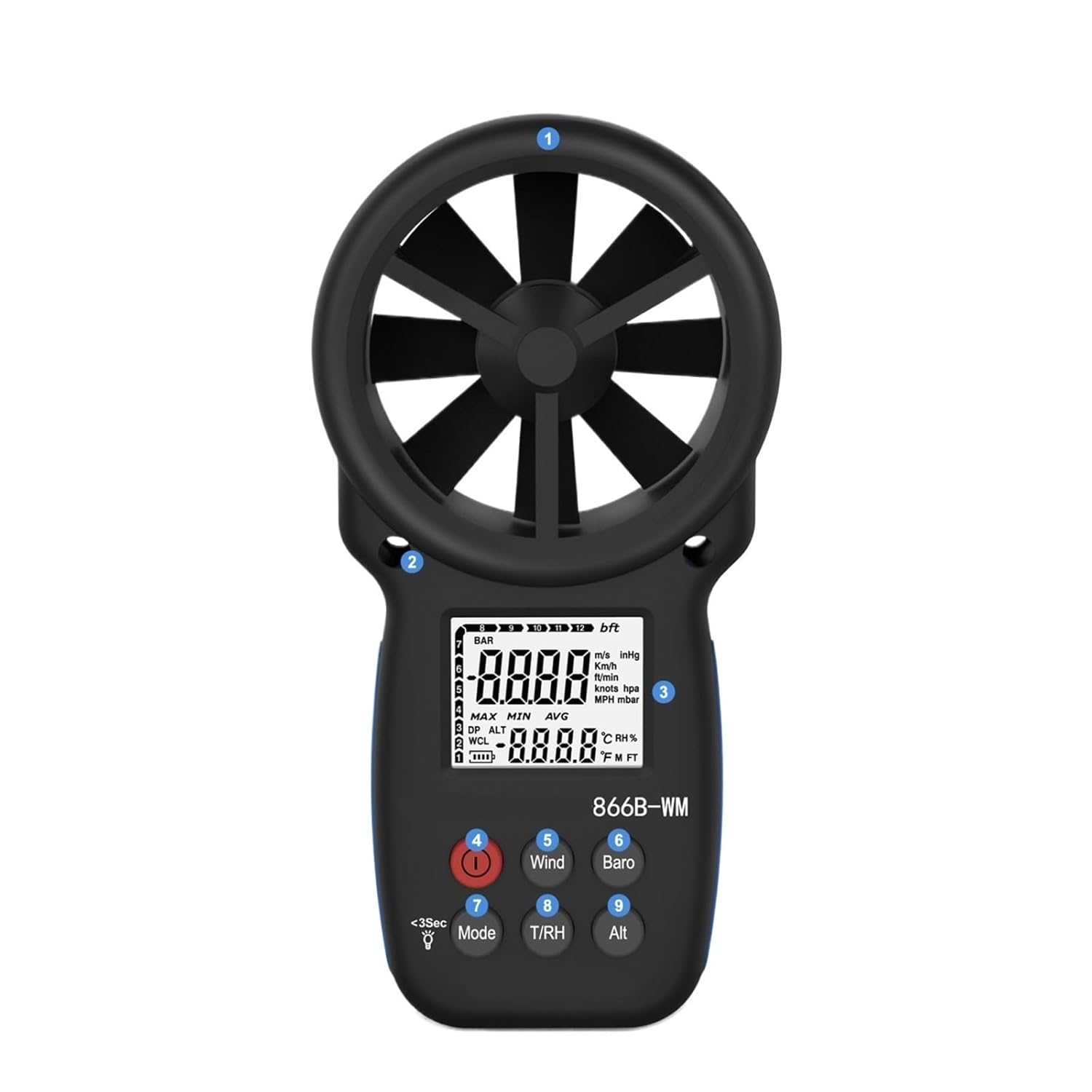 HP-866B-WM Digital Anemometer: Wind Speed Measurement with LCD Display, Backlit, and Airflow Testing.