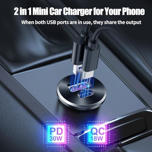 Mini 12V USB Outlet Aluminum Car Charger with PD30W and QC 18W Ports, 22mm Diameter Flush-Mounted Pre-Wired Cigarette Lighter Replacement Charger Socket for Car Boat RV Truck Motorcycle, etc. - 1