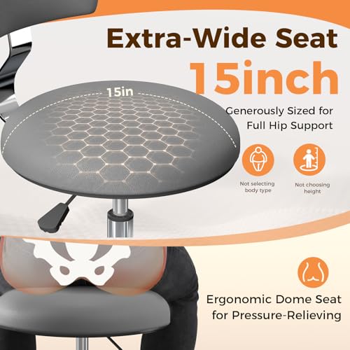 Image of Rolling Stool Chair with Wheels, Office Drafting Chair with Back Support, Height Adjustable Standing Desk Stool with PU Leather Cushion for Home Office Kitchen Vanity Salon Garage Tattoo Dentist, Grey