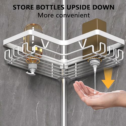 Image of KEGII Corner Shower Caddy Tension Pole - Shower Tension Rod Organizer, Floor to Ceiling Shower Caddy 25-114.2 inch, Bathroom Rack Corner Waterproof, Pure White