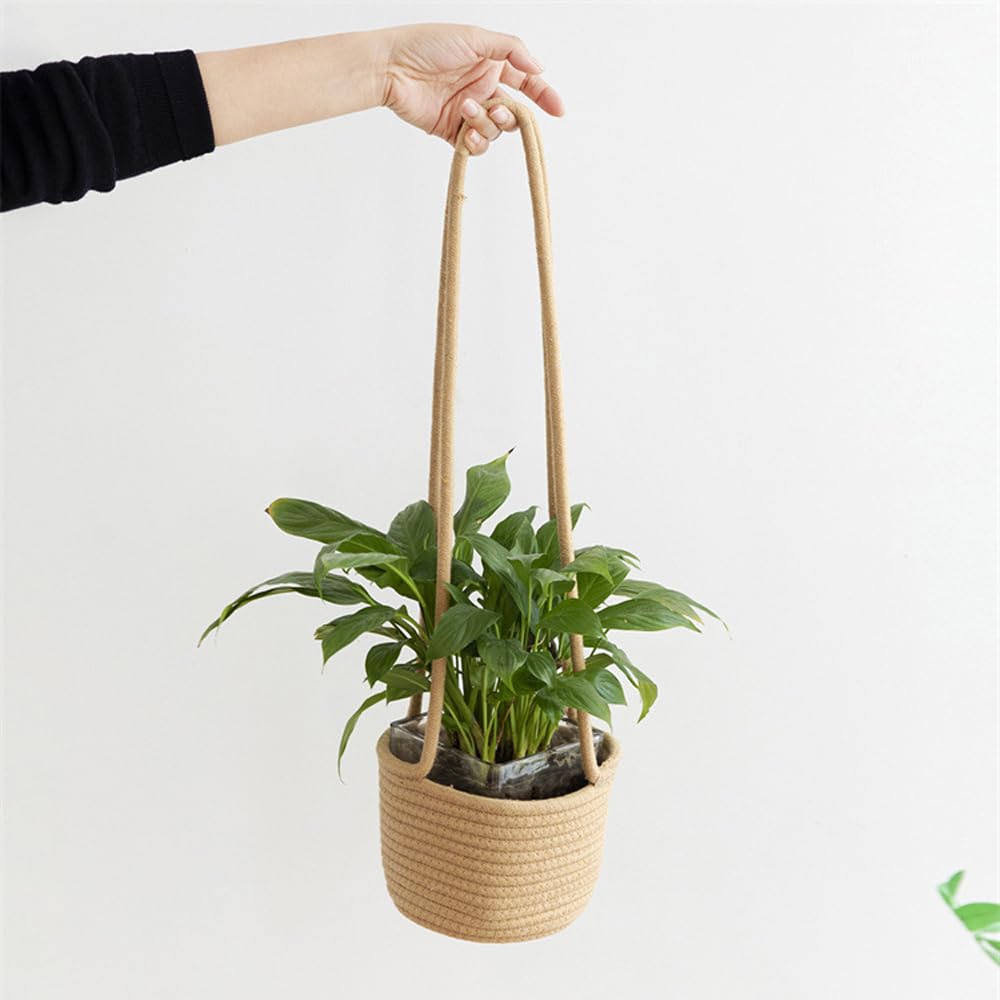Macetero Colgante de Paja, Macetas Colgantes, Canasta Plantas con Cuerda, Algodón Tejida Jardinera, Maceta Paja, para Flores, Plantas, Decoración de Interiores y Exteriores, 20 cm