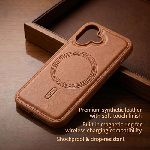 Image of amazon basics Premium PU Leather Case for iPhone 16, MagSafe Compatible Magnetic Ring, Sleek Protective Back Cover - [Tan]