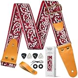 LGZYLYB Guitar Strap, genuine Leather ends, vintage embroidered with pick pocket for acoustic Electric Bass Guitars(Bohemian Wine Red)