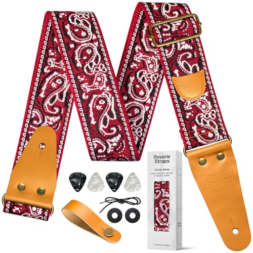 LGZYLYB Guitar Strap, Vintage Embroidered Cotton Guitar Straps with Head Cowhide Leather Ends for Bass, Electric & Acoustic Guitars(Orange) (Bohemian Wine Red)