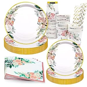 Bymivofun 125 Pcs Fleur Anniversaire Vaisselle Ensemble, pour 25 Invités, Floral Enfants Anniversaire Papier Fête…