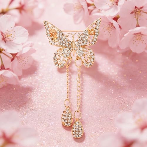 Image of Gold /Silver Butterfly Brooches for Women Rhinestone Tassel Butterfly Pin Brooch Dainty Crystal Lapel Pin Animal Insect CZ Brooch Lapel Pin for Coats Jackets Sweaters Accessories