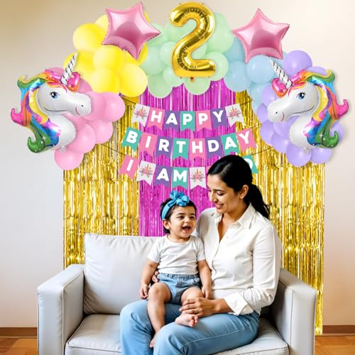 Image of Party Propz Unicorn Theme Birthday Decoration Kit - 66 Pcs Combo for 2nd Birthday Decorations for Girls with Pastel Balloons, Unicorn Foil Balloons, Number 2 Balloon, Banner & Curtains
