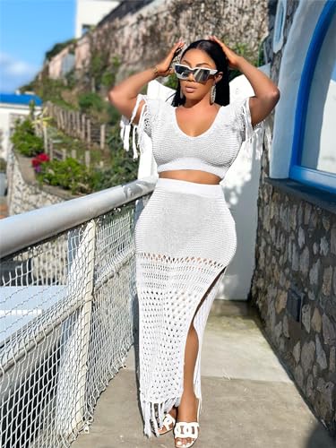 Image of CALEBGAR 2 Piece Outfits for Women Sexy Crochet Tassel Split Midi Dress Summer V Neck Knitted Hollow Crop Tops Y2K Streetwear