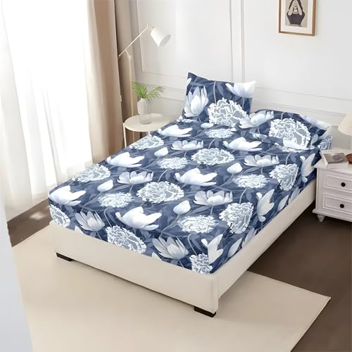 Sabana Bajera 135x190 PeoníA Sabanas Bajeras Estampadas Loto Sábana Bajera Ajustable Suaves, Elastico Funda Colchon con 2 Funda Almohada 50x80 cm, para Colchón de 30cm de Altura