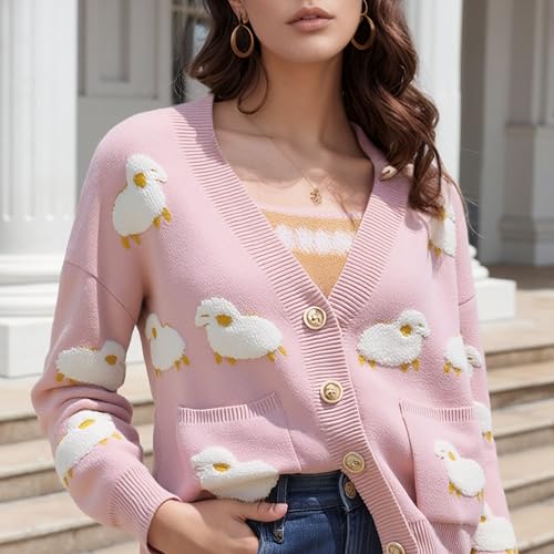Image of FindThy Women's Kawaii Knitted Cardigan Long Sleeve Button Up Sheep Print Cute Sweater Cardigans