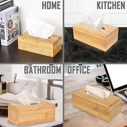 Image of HOKIPO Bamboo Wooden Tissue Paper Holder Box, Rectangular, 22.5 x 11.5 x 8 cm