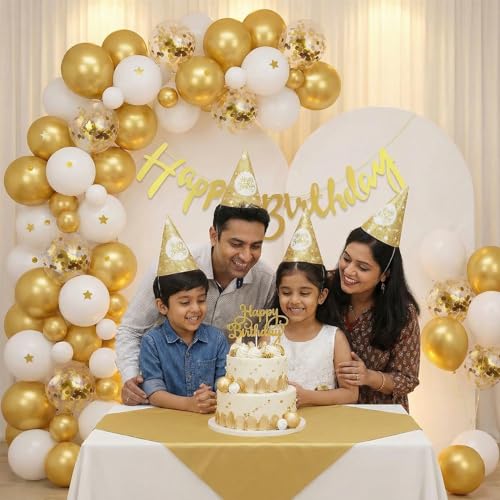 Image of Party Propz Golden and White Happy Birthday Decoration Kit - 57 Pcs, Golden Balloons for Birthday with Birthday Cap and Banner, Bday Decor for Boys & Girls, Bday Decor for Husband (Cardstock)