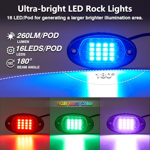 Image of RGB LED Rock Lights Kit, 24 Pods Rock Lights for Semi Truck Offroad Pickup RV Trailer Boat, Waterproof Multicolor Underglow Kit for Truck with APP Remote Control Music Neon Vehicle Underbody Light 12V