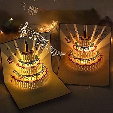 Birthday Card, 3D Pop Up Cake Card, Upgraded version,singing and glowing, Handmade Flower Happy Cake Pattern Card with Envelopes Box Set, Adults, Kids, Women, Men, Wife, Mum, Dad, Brother, Sister Cover