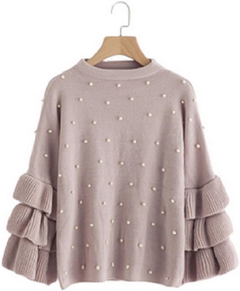 Pearl Beaded Layered Ruffle Sleeve Loose Jumper Pink Crew Neck Long Sleeve Cute Women Sweaters and Pullovers