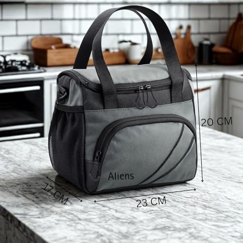 Image of Aliens Lunch Bag and Insulation Tiffin Bag with Adjustable Shoulder Handle and Side Pockets for Men, Women - Office, Travel, School, College and Picnic Lunch Box & Bottle Pouch - Grey
