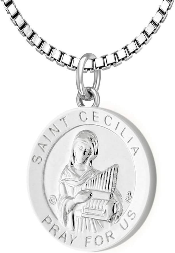 US Jewels And Gems 3/4in 0.925 Sterling Silver Polished Finish Saint St Cecilia Medal Pendant Necklace