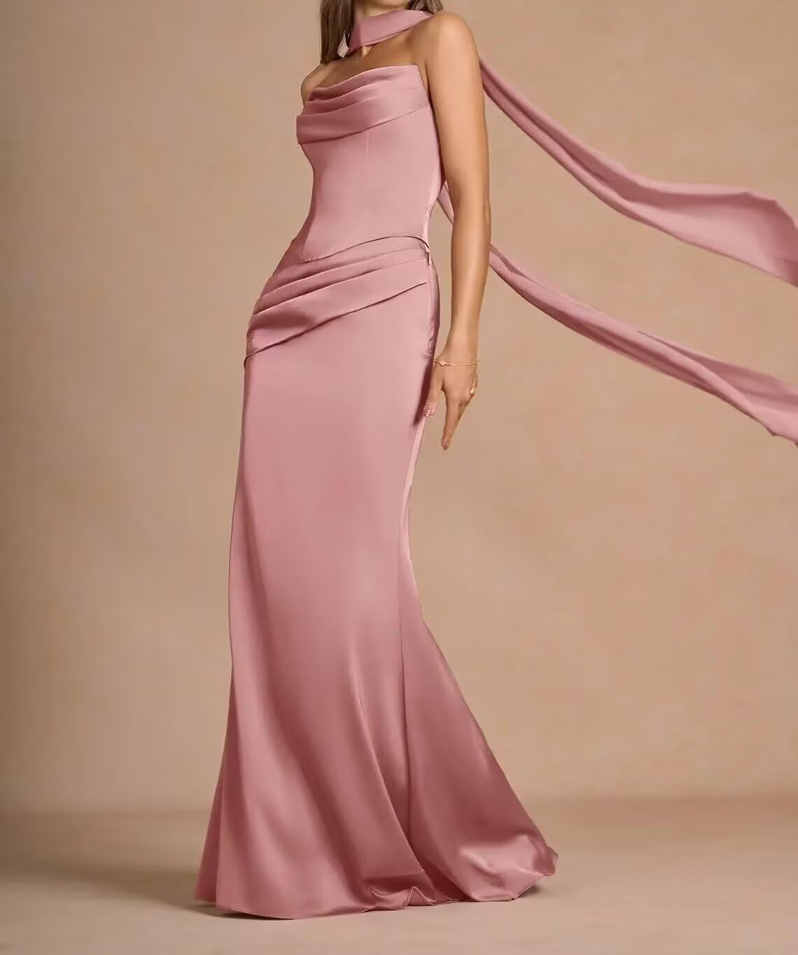 Strapless Bridesmaid Dresses for Women Pleated Satin Mermaid Formal Evening Gown with Scarf