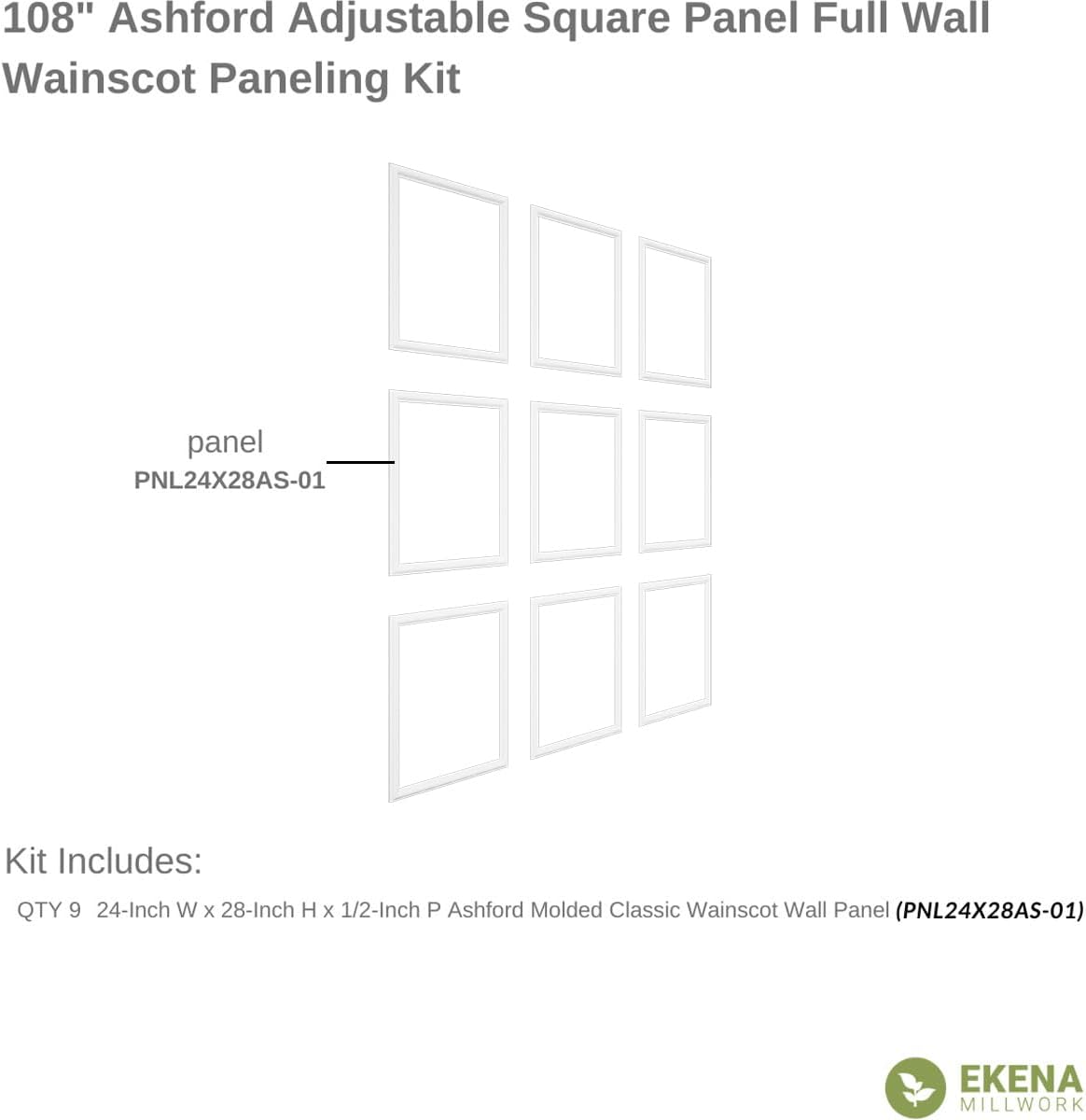 WPKUFW021P108 94 1/2"L (Adjustable 108"H to 132"H) Ashford Square Single Panel Design Full Wall Wainscot Paneling Kit