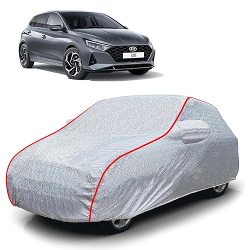 Image of Sulfar 100% Waterproof Car Body Cover Compatible with Mirror for Hyundai i20 (Triple Stitched, Full Bottom Elastic, Magic Silver with Red Piping)