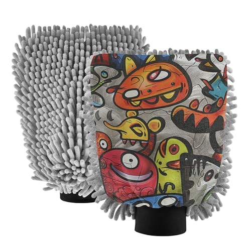 Guante de lavado de coche con diseño de monstruo colorido de dibujos animados, no raya, cepillo de mano