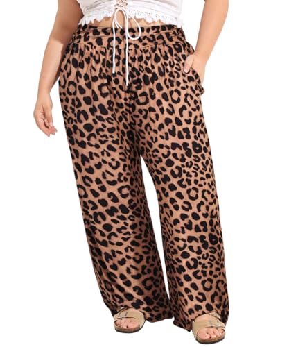 TIYOMI Plus Size Wide Leg Pants for Women Flowy Yogo Lounge Sweatpants Casual High Waisted Lightweight Pajama Bottoms with Pockets Adjustable Drawstring Long Trousers All Season Leopard Print 2XL