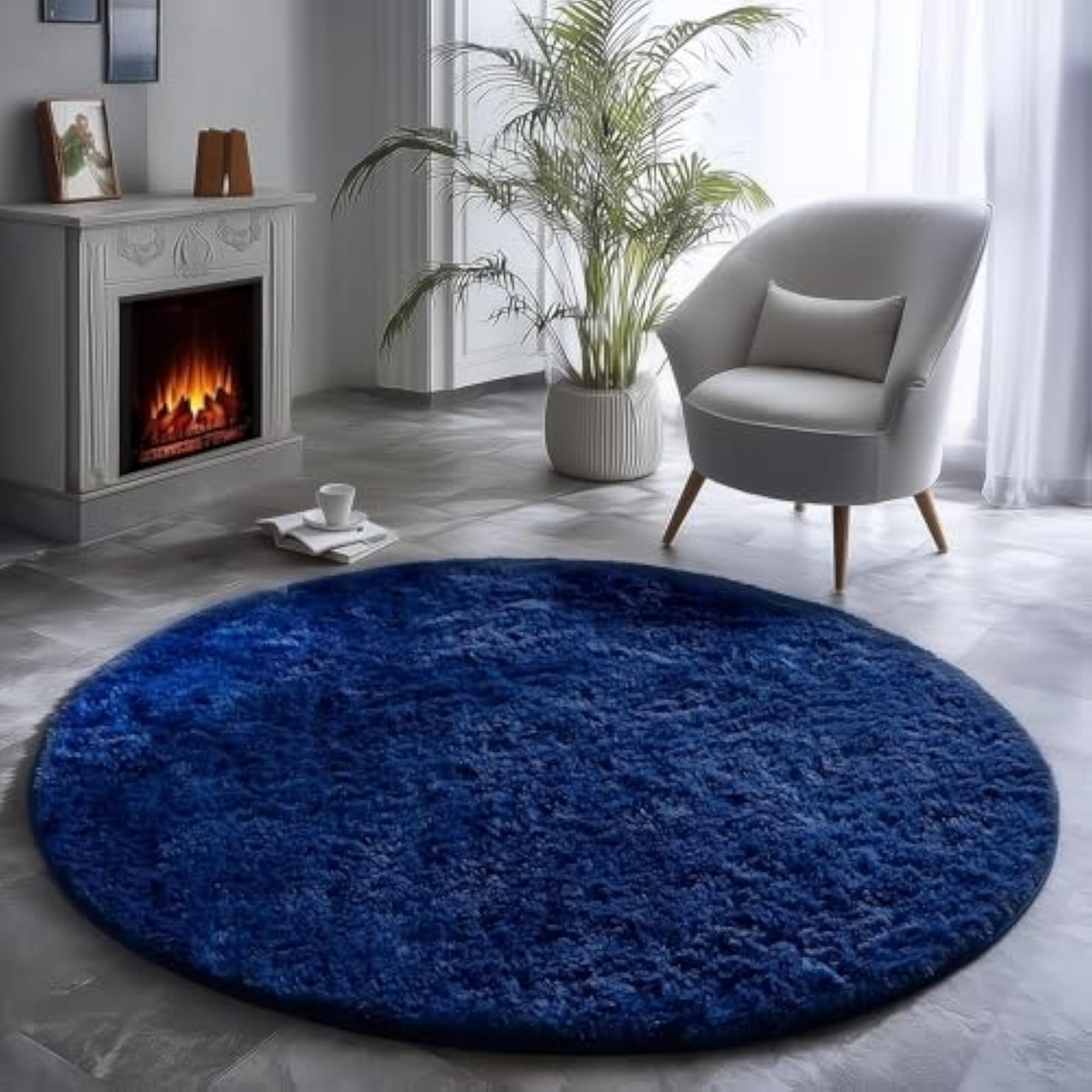 Extra Soft Round Navy Blue Fluffy Area Rug for Kids